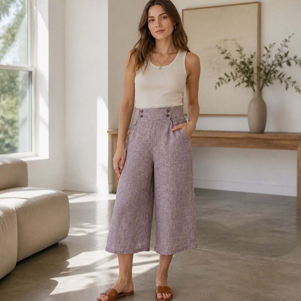 FLAX 100% Linen Purple Textured Wide Leg Cropped Pants Size Small